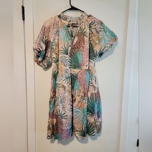 entro Tropical Print Short Dress in Teal, Lavender, Beige